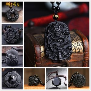 Obsidian Wolf Head & Dragon Totem Pendant - Feng Shui Phoenix Bagua Elephant Ruyi Necklace for Protection, Strength & Good Fortune