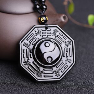 Natural Obsidian Dragon Phoenix Bagua Pendant - Tai Chi Yin Yang Crystal Necklace for Men & Women | Feng Shui Protective Amulet Jewelry