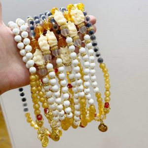 Nine-Tailed Fox Bagua Mantra Bracelet - White Porcelain Beads with Gold Foil & Candy Agate | Feng Shui Jewelry for Luck, Protection & Spiritual Balance