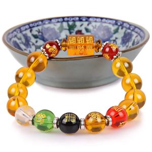 Five Gods of Wealth Feng Shui Bracelet - Yellow Crystal & Agate Pixiu Bracelet with Five Elements