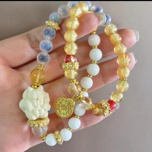 Nine-Tailed Fox Nine Palaces Bagua Mantra Bracelet for Women - White Porcelain Beads with Gold Foil & Candy Agate | Feng Shui Jewelry for Luck, Protection & Spiritual Elegance